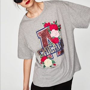 Zara Chicago Sequin Embroidered Roses Tee Medium